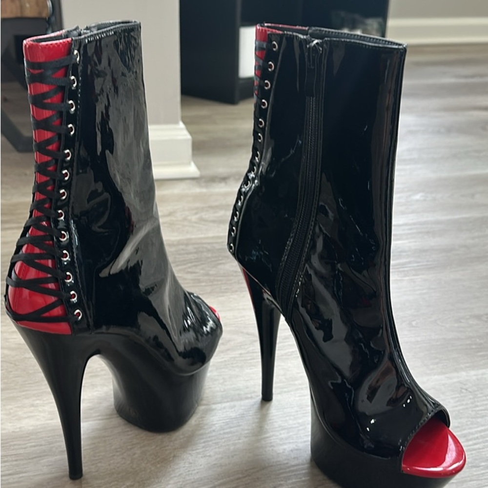 Black and Red Peep Toe Platform Boots